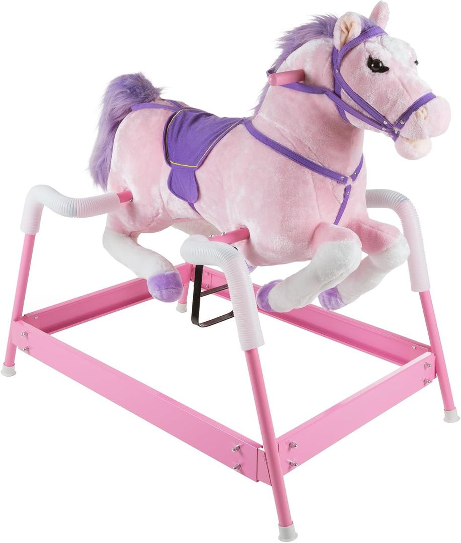 Spring Rocking Horse - Plush Bouncy Ride-On Toy with Fun Sounds, Wood Handles, and Adjustable Stirrups for Kids Ages 3 to 6 by Happy Trails (Pink)