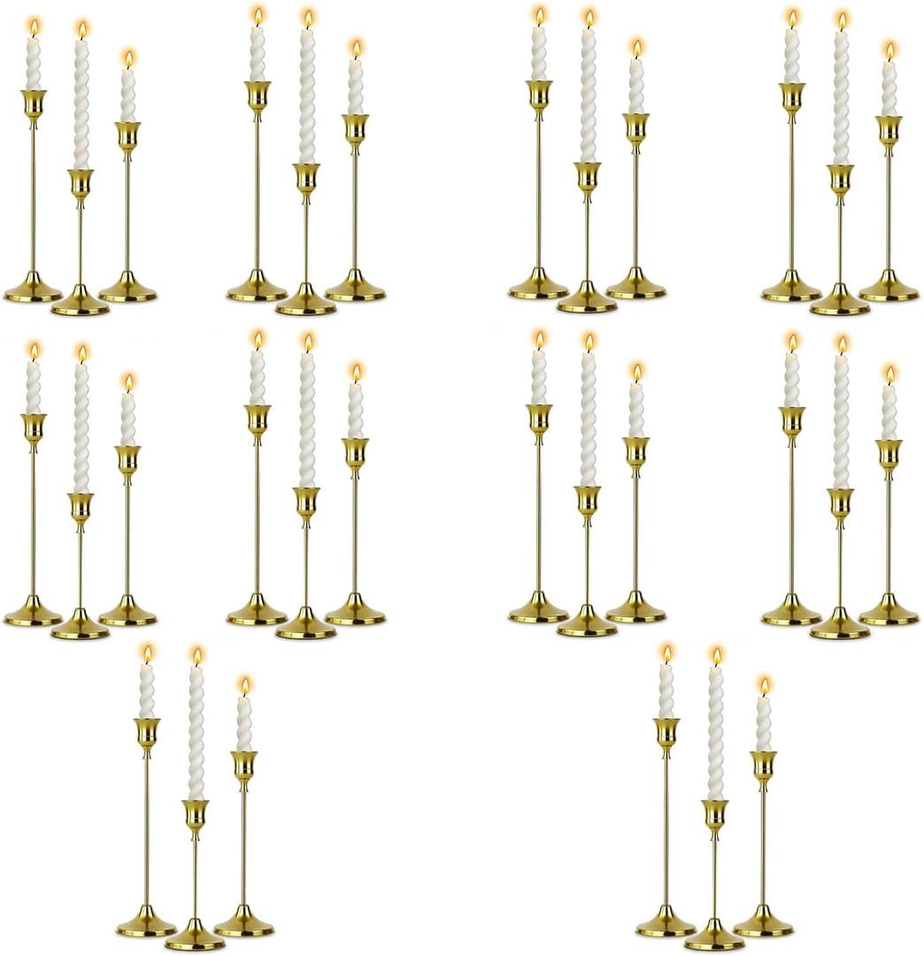 10 Sets Candle Holder Brass Metal Candlestick Holders - HearthLume Vintage Modern Metal Taper Candle Holders, Decorative Centerpiece for Table Mantel, Wedding Kitchen Home Decor, Wedding Gift,30Pcs