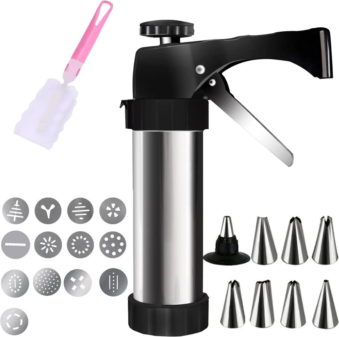 Cookie Press, Spritz Cookie Press for Baking, Stainless Steel Cookies Press Gun Kit with 8 Icing Tips and 13 Cookies Discs for DIY Biscuit Maker and Decoration (Black)