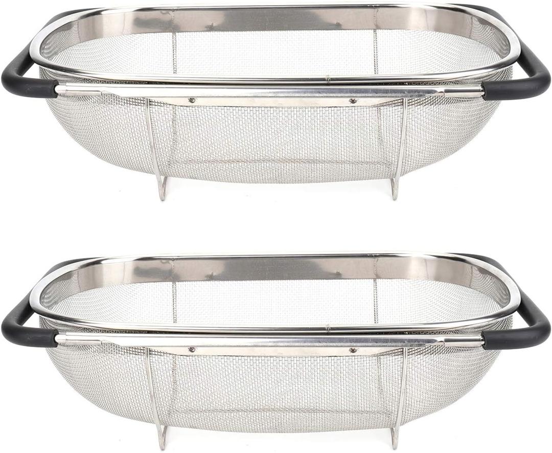 Suwimut 2 Pack Over the Sink Oval Colander for Kitchen, Stainless Steel Fine Mesh 6 Quart Strainer Basket with Expandable Rubber Grip Handles for Straining, Draining, Rinsing Fruits, Vegetables