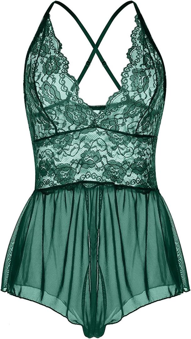 Women Lingerie Sheer Lace Mini Babydoll Teddy Sexy Bodysuit Backless Sleepwear (Green), X