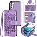 Asuwish Phone Case for Samsung Galaxy S22 5G Zipper Wallet Detachable Cell Cover with Tempered Glass Screen Protector Crossbody Strap Flower Card Holder Slot S 22 22S 4G G5 6.1 inch Women Girls Purple
