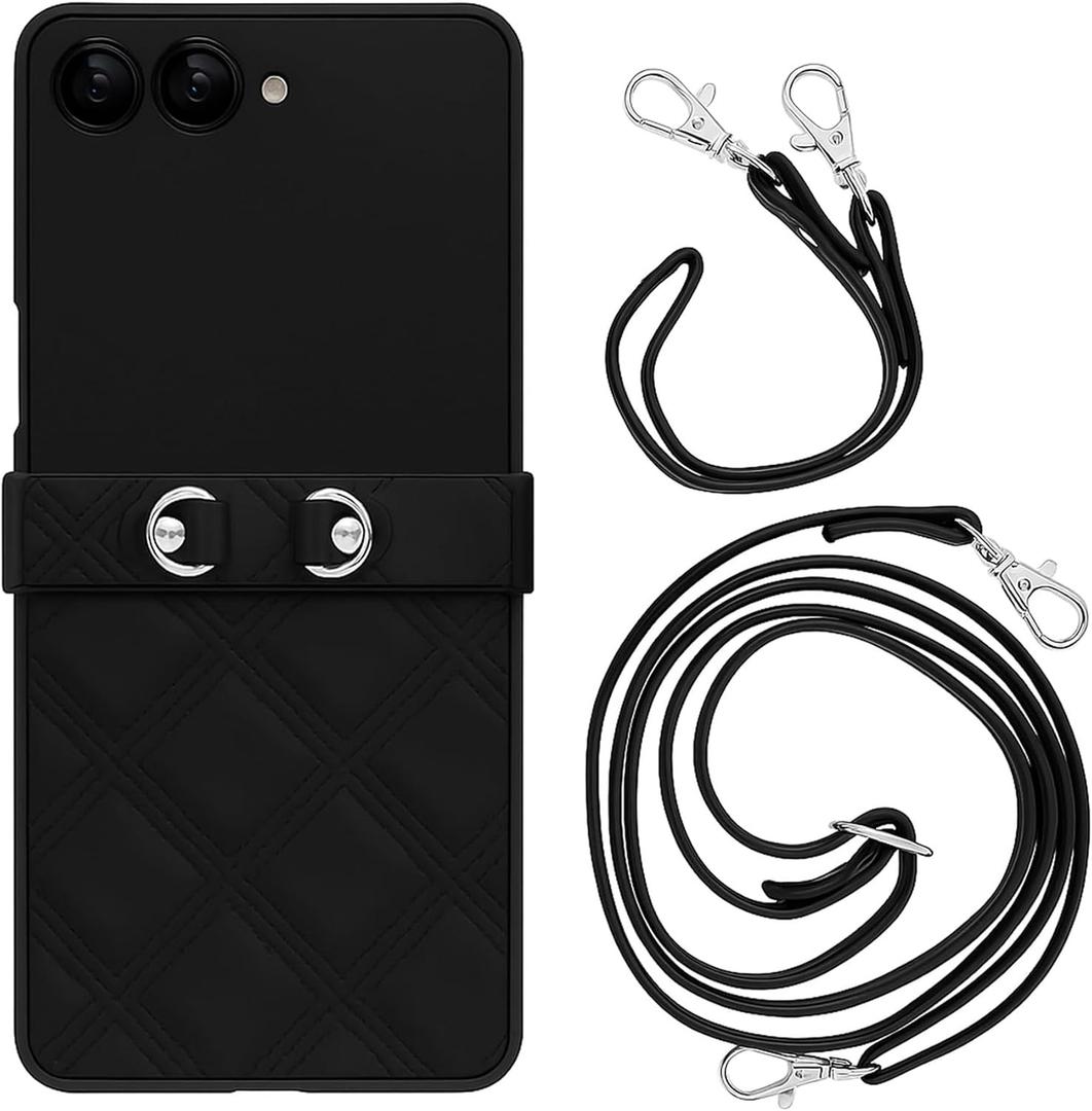 for Samsung Galaxy Z Flip 7 Case, Slim Quilted Leather Shockproof Cover with 1 Pcs Adjustable Neck Strap,1 Pcs Wrist Strap, for Samsung Z Flip7