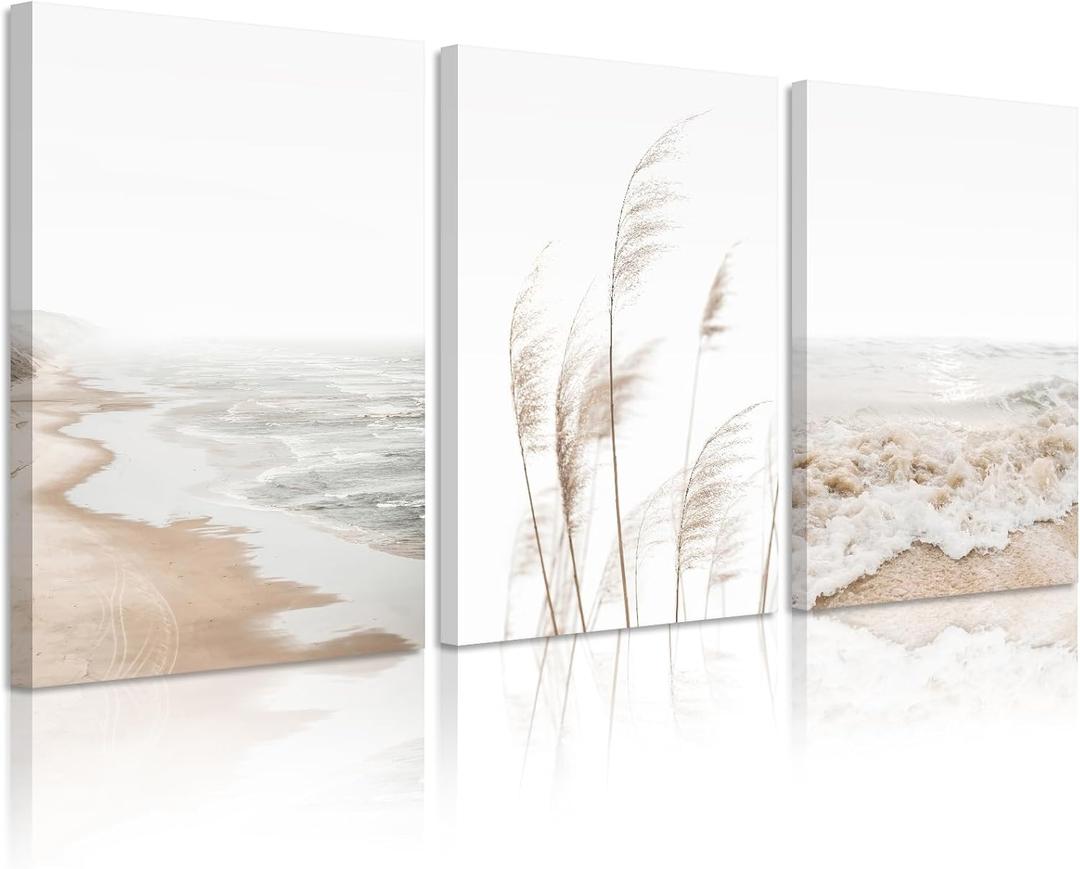 Beach Wall Art Boho Prints Coastal Canvas Wall Art Beach Pictures Pampas Grass Ocean Poster Plant Landscape Scene Artwork for Living Room Bedroom Decor 24x36x3 Inch Wrapped Canvas (36L" x 24W")