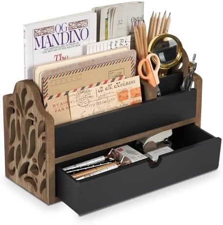 Dhmkfly Desk Organizer with Drawer Wood File Office Mail Organizer Countertop-5 Slot Tabletop Storage Pen Organizer Letter Holder for School Home Office Supplies