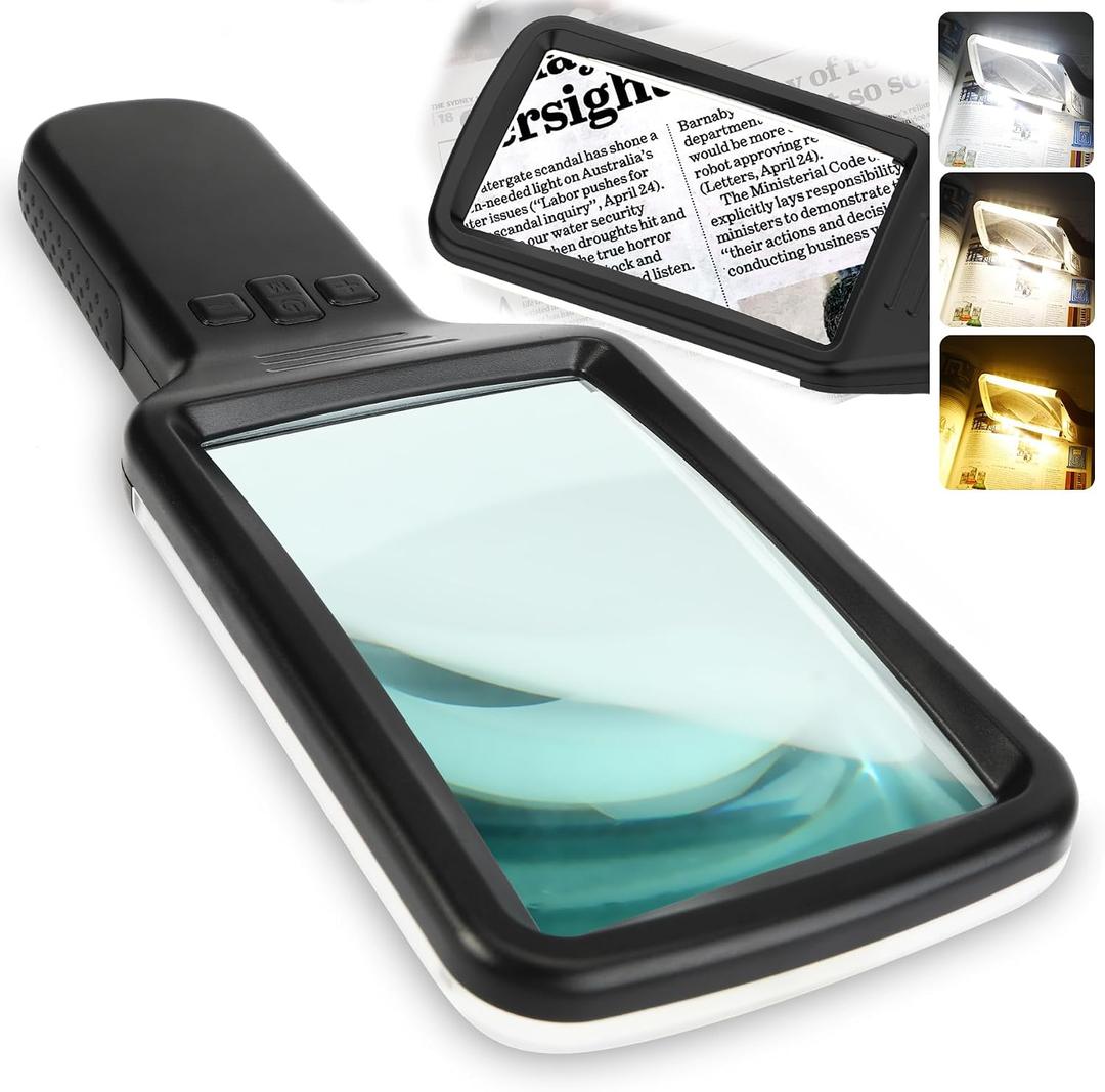 15X Magnifying Glass with Light for Reading, Real Glass Lens, 3 Color Modes Dimmable, LED Lighted Handheld Page Magnifier for Reading Small Prints, Seniors Low Vision Macular Degeneration