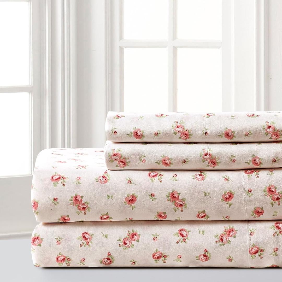 Modern Threads Silky Soft Microfiber and Wrinkle Free Sheets - Luxurious Microfiber Bed Sheets Includes Flat Sheet, Fitted Sheet with Deep Pockets, & Pillowcases Ivory, Full (Full, 17 Roses on Ivory)