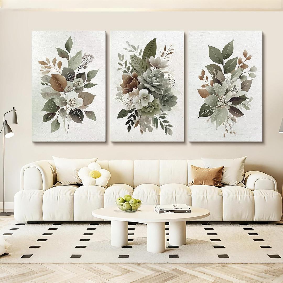 Azartslr Green Flower Canvas Wall Art, Farmhouse Rustic Floral Art Prints For Living Room, Vintage Bathroom Botancial Painting Poster, Plants Picture Kitchen Bedroom Decoration