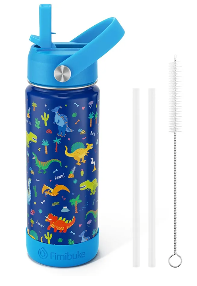 Fimibuke Kids Insulated Water Bottle, 18oz BPA FREE 18/8 Stainless Steel Kid Cup with Straw Travel Tumbler Double Wall Vacuum Leak Proof Toddler Water Bottle for School Boy Girl(1 Pack,Blue Dinosaur)