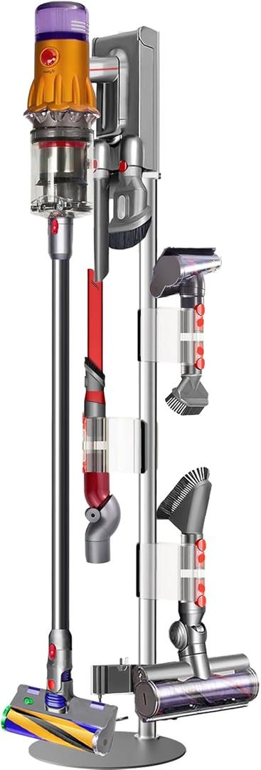 Lasvea Height-Adjustable Vacuum Stand for Dyson V7 V8 V9 V10 V11 V15 Gen5,Stainless Steel Holder with 4 Clips & 9 Accessory Storage,Tool-Free Assembly (Silver)