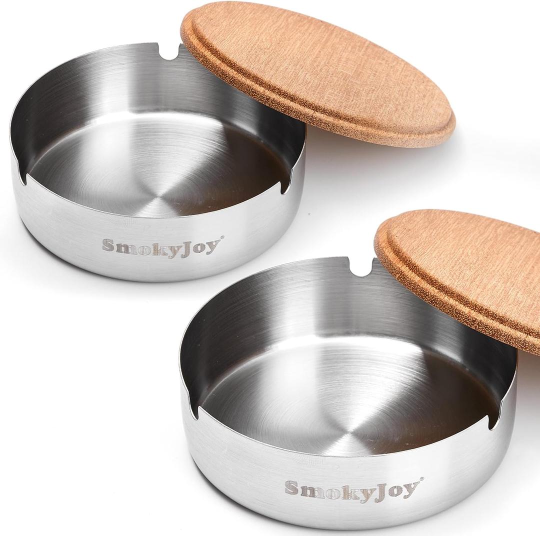 Ashtray with Lid for Outside Patio, 2 Pack Windproof Ash Tray, Silver Stainless Steel Smokeless Ashtray for Outdoor Home Office Tabletop Patio Outdoor Balcony, Small