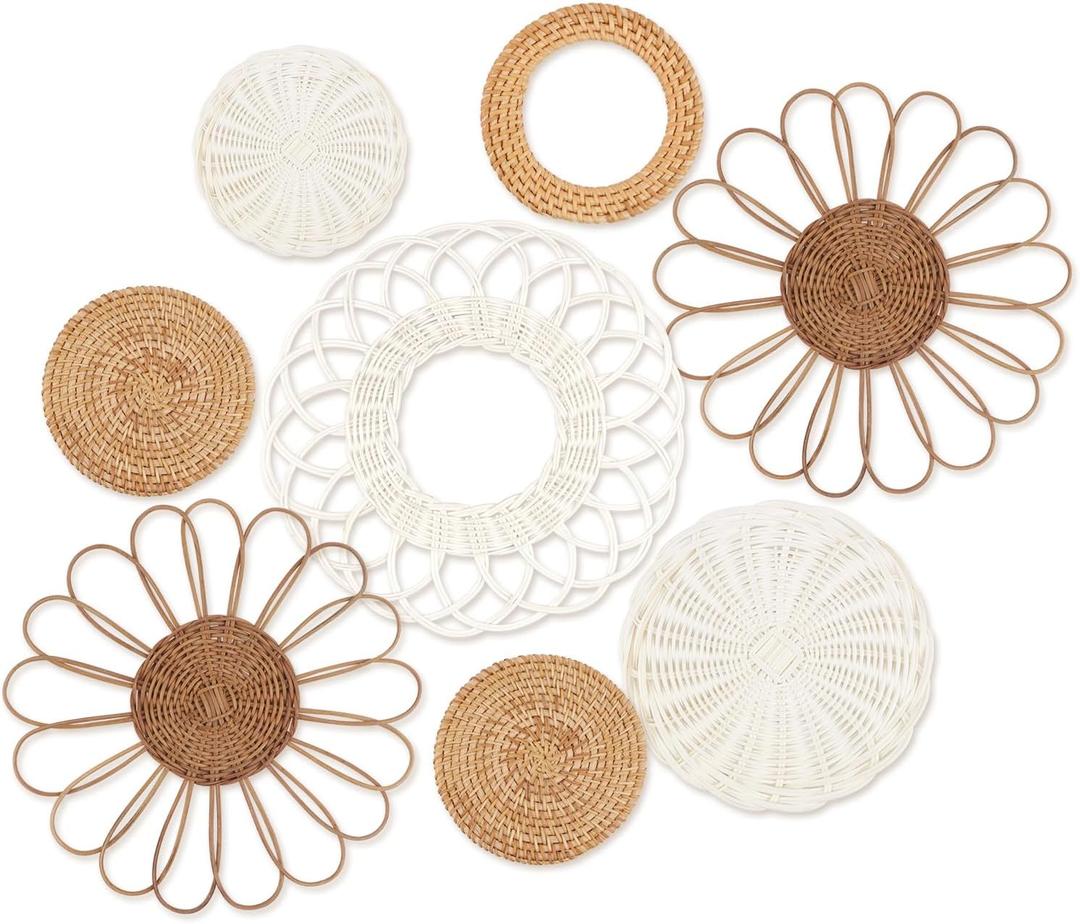 YIYA Set of 8 Boho Wall Decor Rattan Flower Wall Basket Decor Round Hand Woven Rattan Wall Art for Handmade Wall Art For Living Rooms Farmhouse Living Rooms Nursery (brown)
