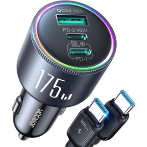 JOYROOM 175W Car Charger USB C Fast Charge [GaN] 3-Port Car Cigarette Lighter Adapter with USBC Cable, Super Fast Car Charger USB C for iPhone 17/16/15 Series, Galaxy S26/25, Laptop, Tablet and More