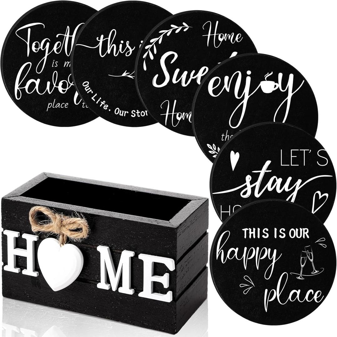 Queekay Coasters Set of 6 House Warming Gifts New Home Wooden Farmhouse Drink Coasters with Holder 4'' Funny Decoration for Kitchen Family Coffee Bar Tabletop Protection(Black)