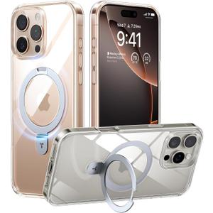 TORRAS Crystal Clear for iPhone 16 Pro Case Magnetic Stand,[Compatible with MagSafe][Flexible Stable Stand]Mil-Grade Protection Transparent Slim Anti-Yellowing Anti-Scratch Ring Kickstand 6.3", Ostand