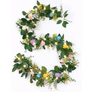 6FT Easter Garland for Mantle Easter Egg Garland with Lights Artificial Spring Decorations for Indoor Outdoor Fireplace Party Spring Home Decor