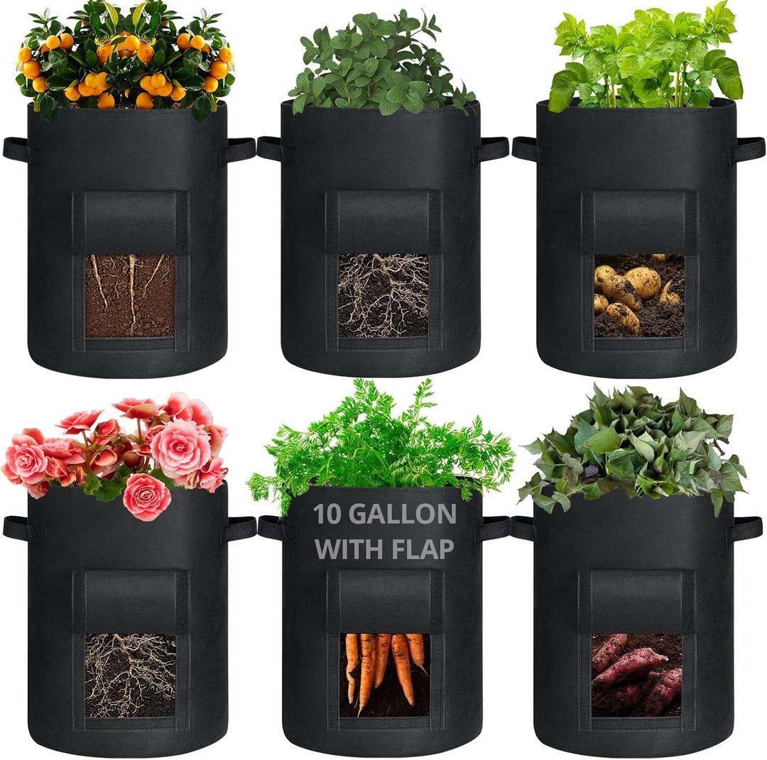 GOTGELIF 6-Pack 10 Gallon Potato Grow Bags Thickened Nonwoven Fabric Grows Bag with Flap & Handle for Growing Potatoes, Tomatoes, Carrots, Onion, Rose, Strawberry, Vegetable