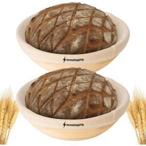 Banneton Bread Proofing Basket - Banneton Basket Set of 2 Pack 7 inch Round Sourdough Proofing Basket with Liner - Handmade Rattan Proofing Rising Bowl for Artisan Bread Making Baking Supplies