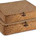2 Pack 2 Size Seagrass Storage Bins with Lid,Boho Wicker Woven Organizer set, Decortive Rattan Basket Storage for Makeup Books Shelves Closet