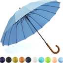 SoulRain 16 Ribs 48" Stick Umbrella Auto Open Solid Color Fashionable and SimpleArc Classic Wood HandleWindproof Unbreakable Stick Rain Umbrella
