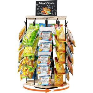 Pinzoveco Chip Rack Display Stand, 5 Tiers 40 Clips Snack Organizer for Office Desk, 360 Rotating Wooden Base Chip Holder Candy Display for Concession Stand, Countertop, Party, With Message Board (Rustic Brown)
