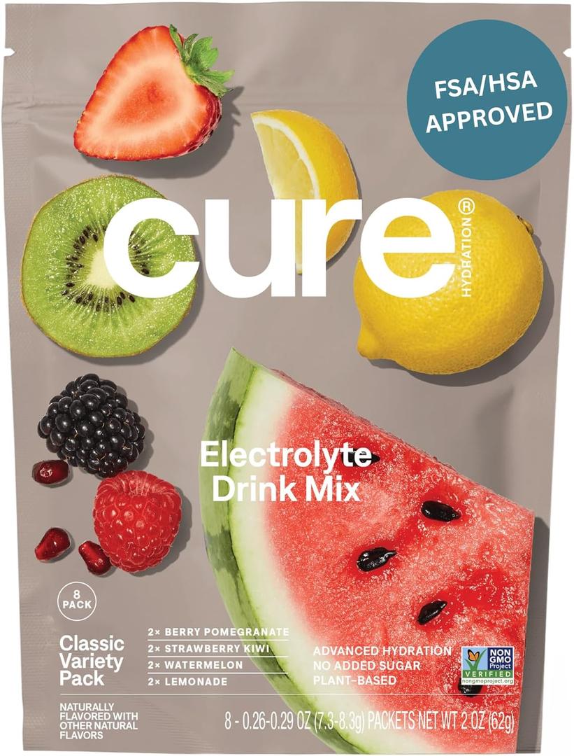 Cure Hydration | Plant-Based Electrolyte Drink Mix | No Added Sugar | FSA-HSA | Dehydration Relief Powder Made with Coconut Water | Non-GMO | Vegan | 8 Packets - Variety Pack, 

BBD 02/12/2028