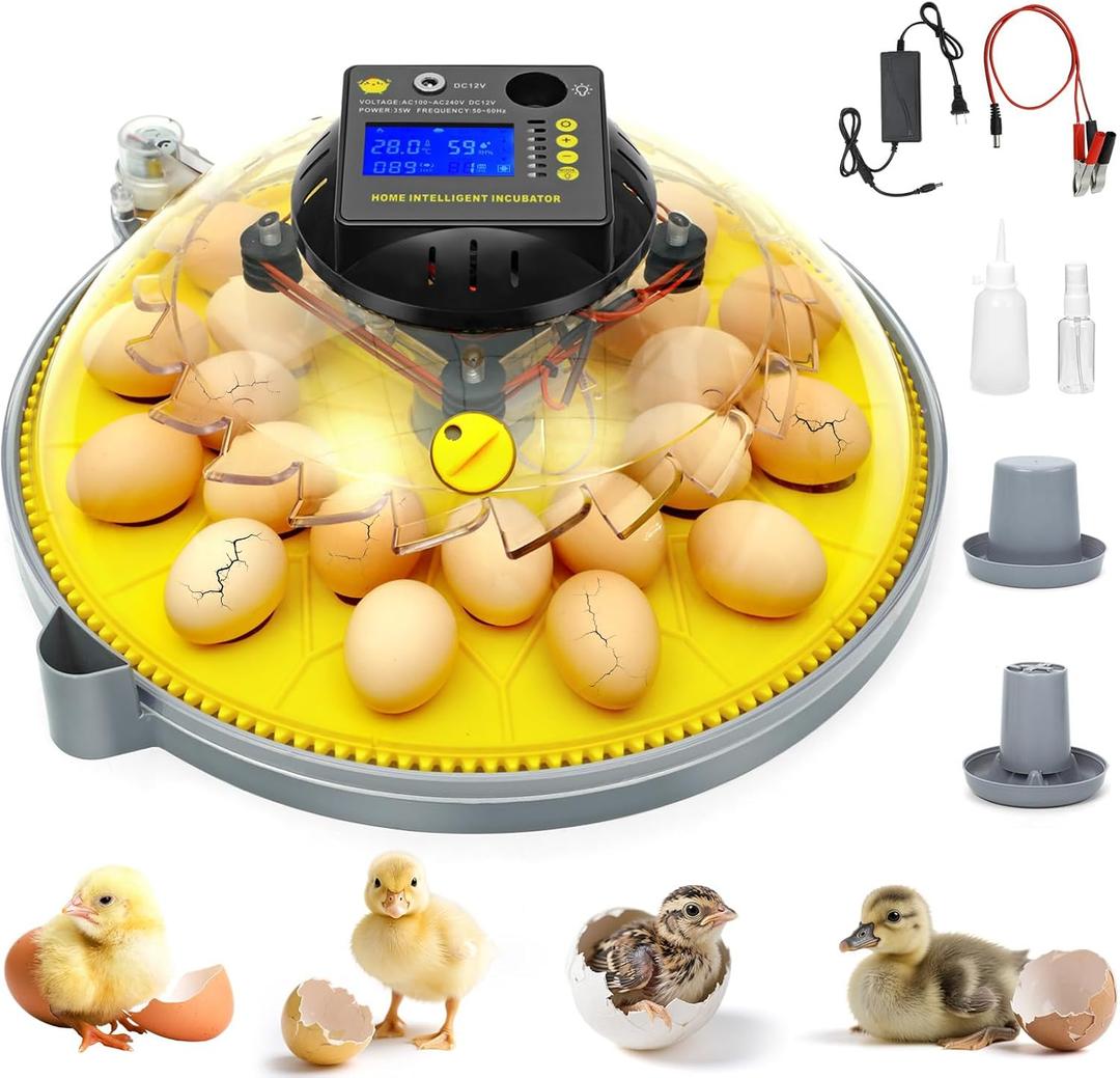 24 Eggs Incubator with Temperature and Humidity Display, Automatic Egg Turning, Automatic Water Bottle Refill, Air Vent, 4 Modes 360 View Incubator, Hatching Chicken Duck Quail Bird