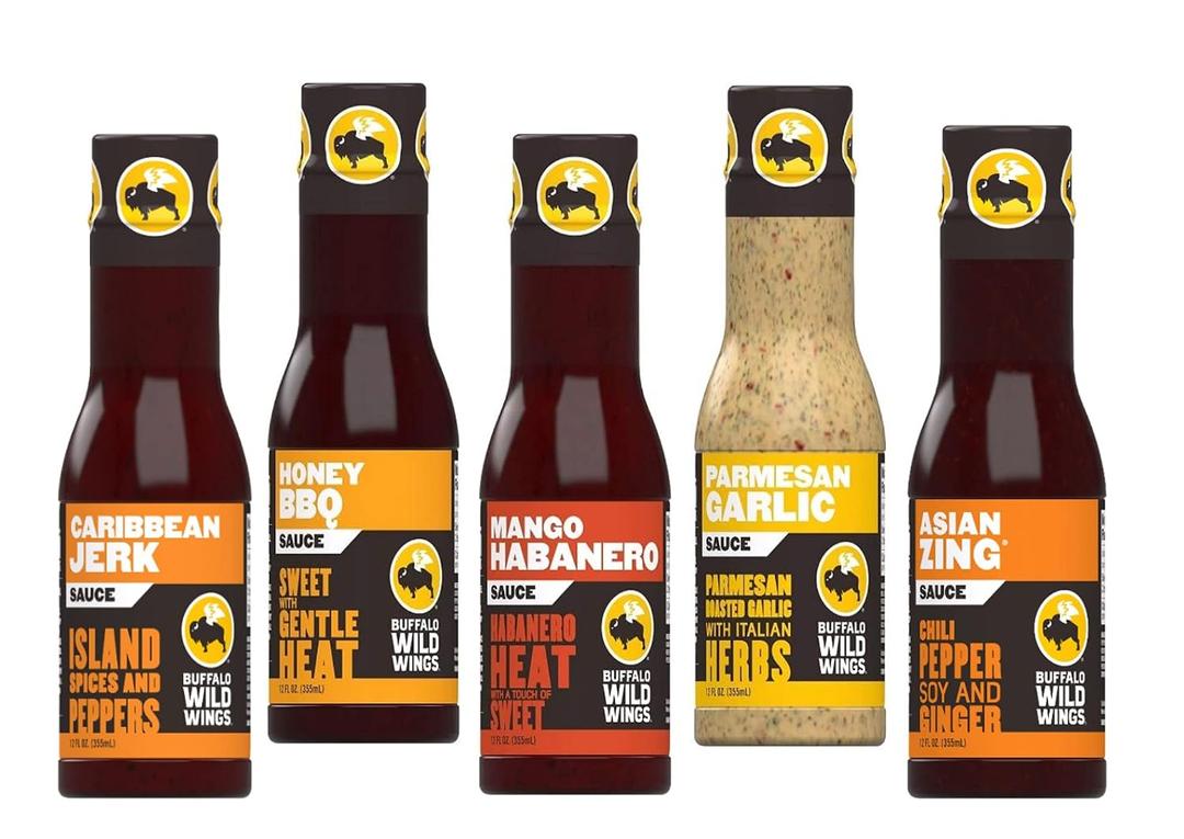 Buffalo Wild Wings Sauce Variety Pack | 5 Flavors: Honey BBQ, Mango Habanero, Parmesan, Asian Zing, Caribbean Jerk, 12 Ounces (Pack Of 5) (EXP 05/30/26)