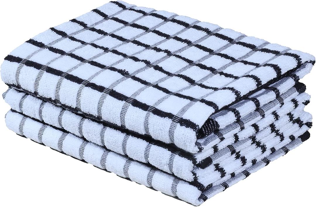 Urban Villa Kitchen Towels Black/White Set of 3 Terry Kitchen Towels 100% Cotton Ultra Soft Size 20X30 Inches Highly Absorbent Over Sized KitchenTowels with Hanging Loop KitchenTowels