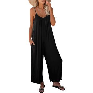 ANRABESS Women Summer Casual Sleeveless Spaghetti Strap Boho Wide Leg Jumpsuits Rompers Dressy 2025 Trendy Outfits Clothes (Small, Black)