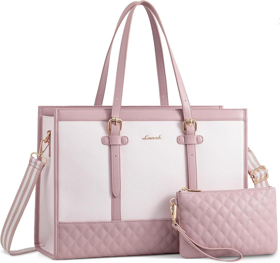 LOVEVOOK Laptop Bag for Women 15.6 inch Canvas Laptop Tote Bag, Large Capacity Work Bag with Clutch Purse, Computer Bag Office Business Briefcase, Casual Handbag for Travel College Teacher School (Sakura Pink)