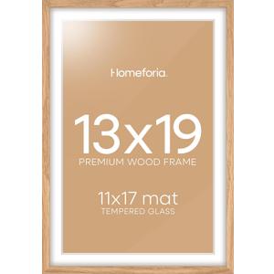 Homeforia 13x19 Picture Frame Wood, High End Natural Oak 13x19 Light Wooden Poster Frame with Mat 11x17, 13 x 19 Frames Matted to 11 x 17 Photo, 19x13 Hanging Frame, Tempered Glass, Wall Kit, Set of 1