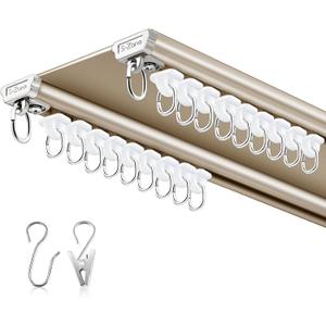 Juexica Ceiling Curtain Double Track Set 3ft-13ft/4 Meter Champagne Double Curtain Track Ceiling Mount Heavy Duty Room Divider Adjustable Length Rails with Clips Hooks End Hook