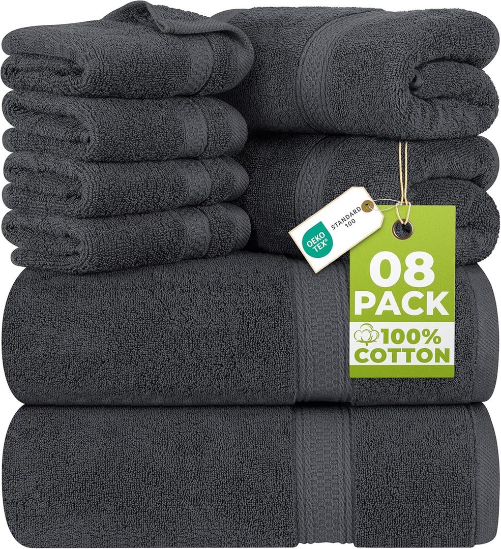 Utopia Towels 8-Piece Premium Towel Set, 2 Bath Towels, 2 Hand Towels, and 4 Wash Cloths, 600 GSM 100% Ring Spun Cotton Highly Absorbent Towels for Bathroom, Gym, Hotel, and Spa (Gray)