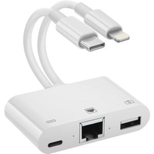 2 in 1 Lightning and Type C to RJ45 Ethernet Adapter Network Adapter, with Charge Port and USB Port Support USB Flash Drive/Keyboard/Mouse/Came, Plug and Play,Supports 100Mbps Ethernet Network