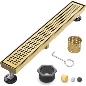 Linear Shower Drain | 24 Inch AISI 304 Stainless Steel Shower Drain, Brushed Gold Linear Drain with Removable Quadrato Grate Cover & Adjustable Feet, Rectangle Floor Drain, in Bathroom Balcony etc