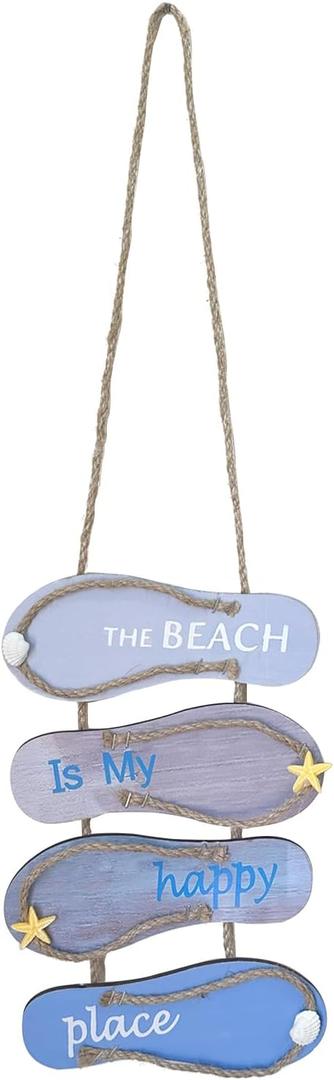 Wooden Beach Wall Hanging Decor Sign Decorations for Bathroom Flip Flop Shape Door Sign Hanging Plaque Rustic Yard Indoor Outdoor Garden Decoration (The Beach is My Happy Place) (Light Blue)