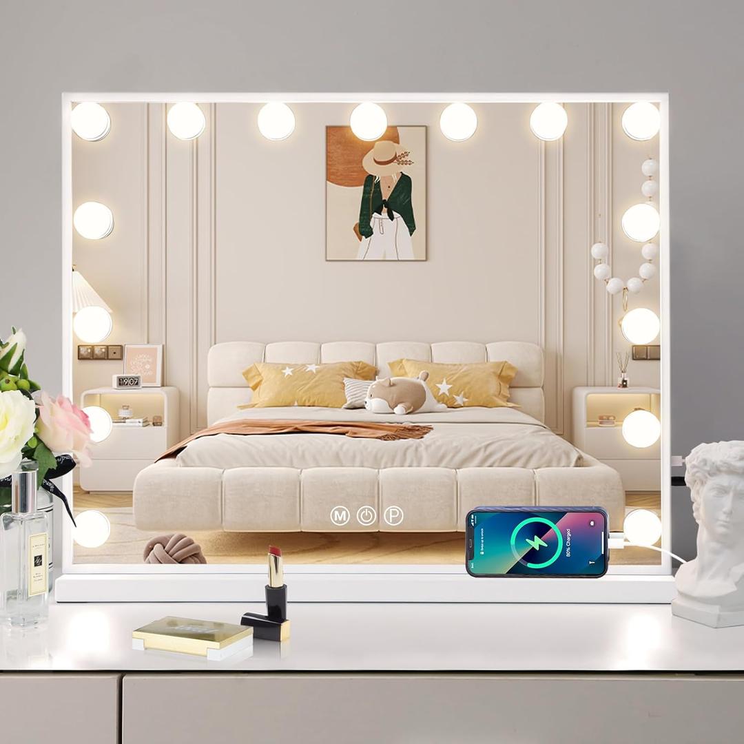 Vanity Mirror with Lights 15LED Bulbs 3 Lighting Modes Lighted Makeup Mirror for Desk or Wall-Mount Hollywood Vanity Mirror with USB Charger Port and 10X Magnification (22"x18") (A-usb)