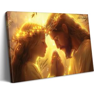 Jesus and Girl Praying Canvas Wall Art Jesus With Children Painting Picture Wall Decor Christian Bible Story Poster Print Artwork for Praying Room Bedroom Church Home Decoration Christian (16L''x12W'')