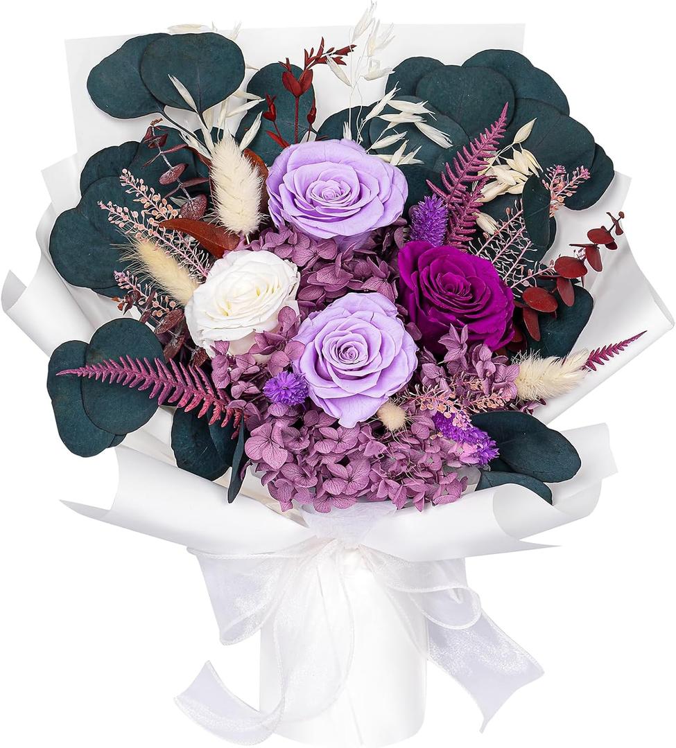 Preserved Flowers Bouquet for Delivery, Purple Rose Bouquet Gift for Women, Long Lasting Floral Arrangement for Home Decor, Birthday Anniversary