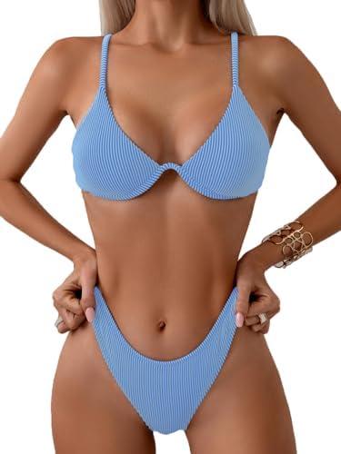 Fanuerg Women Underwire Triangle Bikini Spaghetti Strap Push Up Swimsuit Cheeky Two Piece Bathing Suit, Medium