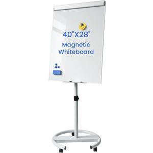 Rolling Whiteboard Magnetic Writeboard 40"x28" Flip Chart with 5 Wheels Adjustable Height Multi-Use Standing Bulletin Board (White)