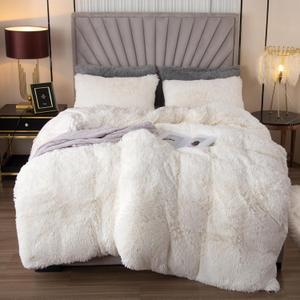 EMME Plush Shaggy White Duvet Cover Set Queen Size 3 Pieces Luxury Fuzzy Comforter Cover Set, Soft Faux Fur Fluffy Winter Bedding Set (White, Queen)