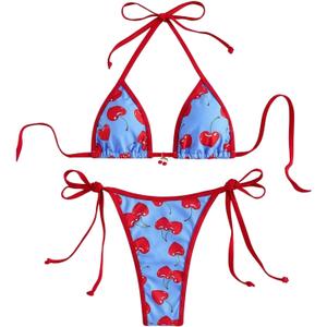 WDIRARA Women's 2 Piece Cherry Print Halter Bikini Set String Triangle Swimsuit Bathing Suit (Blue, XL)