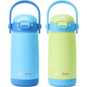 Fimibuke Kids Insulated Water Bottle with Straw Lid & Handle - 14oz BPA FREE 18/8 Stainless Steel Metal Tumbler Leak Proof Double Wall Vacuum Kids Cup Toddler Water Bottle for School Boys Girls (B4.Green & Blue)