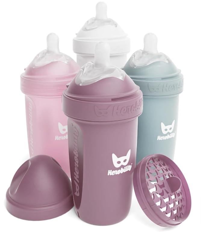 Herobility Anti-Colic Baby Bottles 8.5 fl oz/240ml - Pack of 4 Plastic Baby Bottles, Slow Flow Plastic Bottles, Breast-Shaped Teat for Breastfed Babies Multicolor White, Gray, Pink, Hawthorn Rose