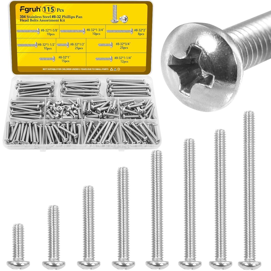 115PCS #8-32 Machine Screws, #8-32 x 1/2", 3/4", 1",1-1/4", 1-1/2", 1-5/8", 1-3/4", 2" Phillips Pan Head Screws Bolts Assortment Kit, 304 Stainless Steel Bolt for Electrical Wall Plate Switch
