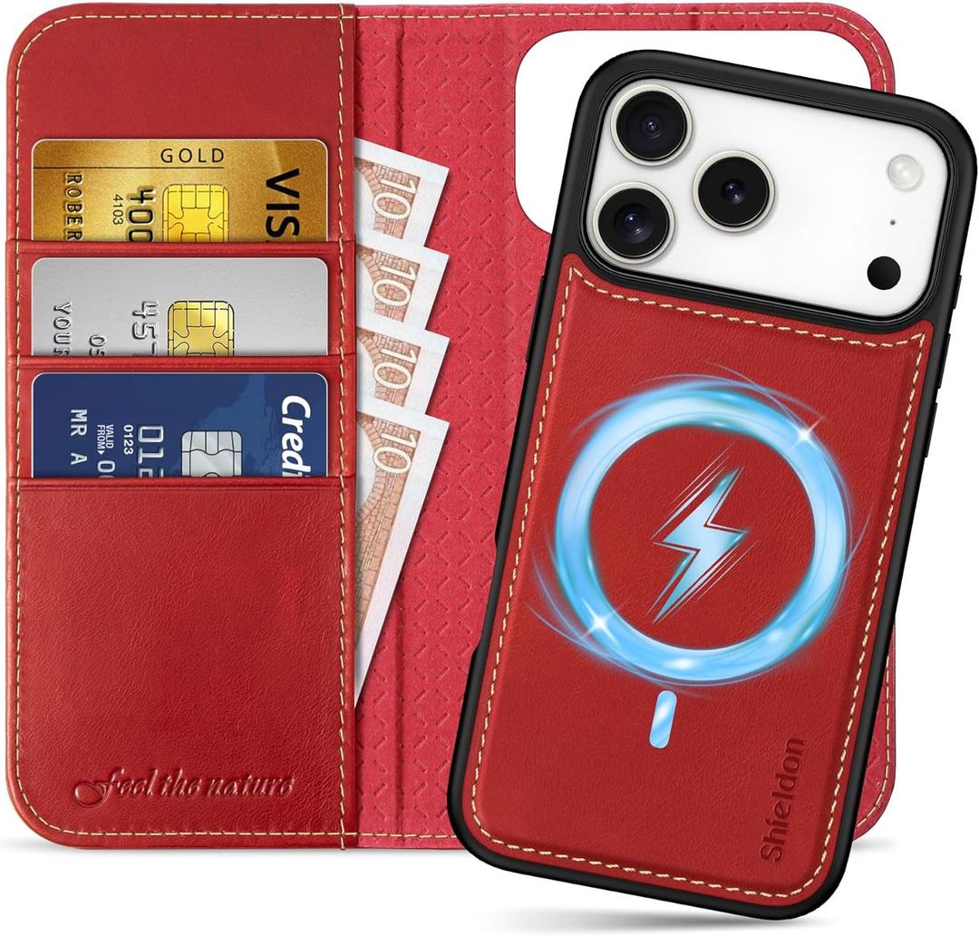 SHIELDON Detachable Wallet Case for iPhone 17 Pro Max 6.9" | Genuine Leather | Flip Magnetic Closure | Wireless Charging | RFID Blocking Credit Card Holder | Kickstand | Shockproof Cover | Retro Red
