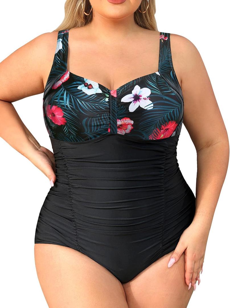 Daci Women Plus Size One Piece Swimsuits - Tummy Control Retro Ruched Bathing Suits Vintage Swimwear (X-Large, Floral and Black)