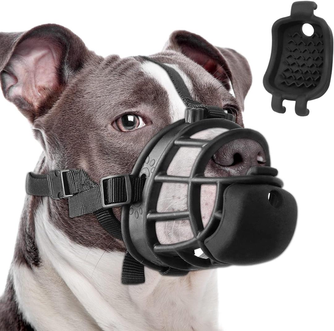 LUCKYPAW Pitbull Muzzle, Basket Muzzle for Large Medium Small Sized Dogs, Boxers, Rottweilers, Cage Mouth Guard with Treats Slot to Prevent Biting Chewing Scavenging for Training Walking Grooming (S-(Snout 7.75"-9"))